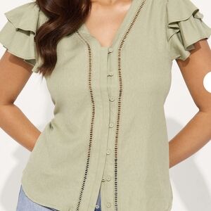 Women's Ruffle Sleeve Button-Down Top - Green